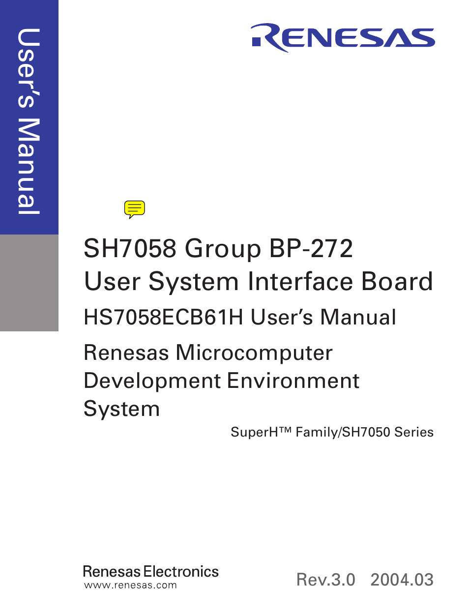 Cover, Use r’s m an ua l | Renesas SH7050 Series User Manual | Page 3 / 28