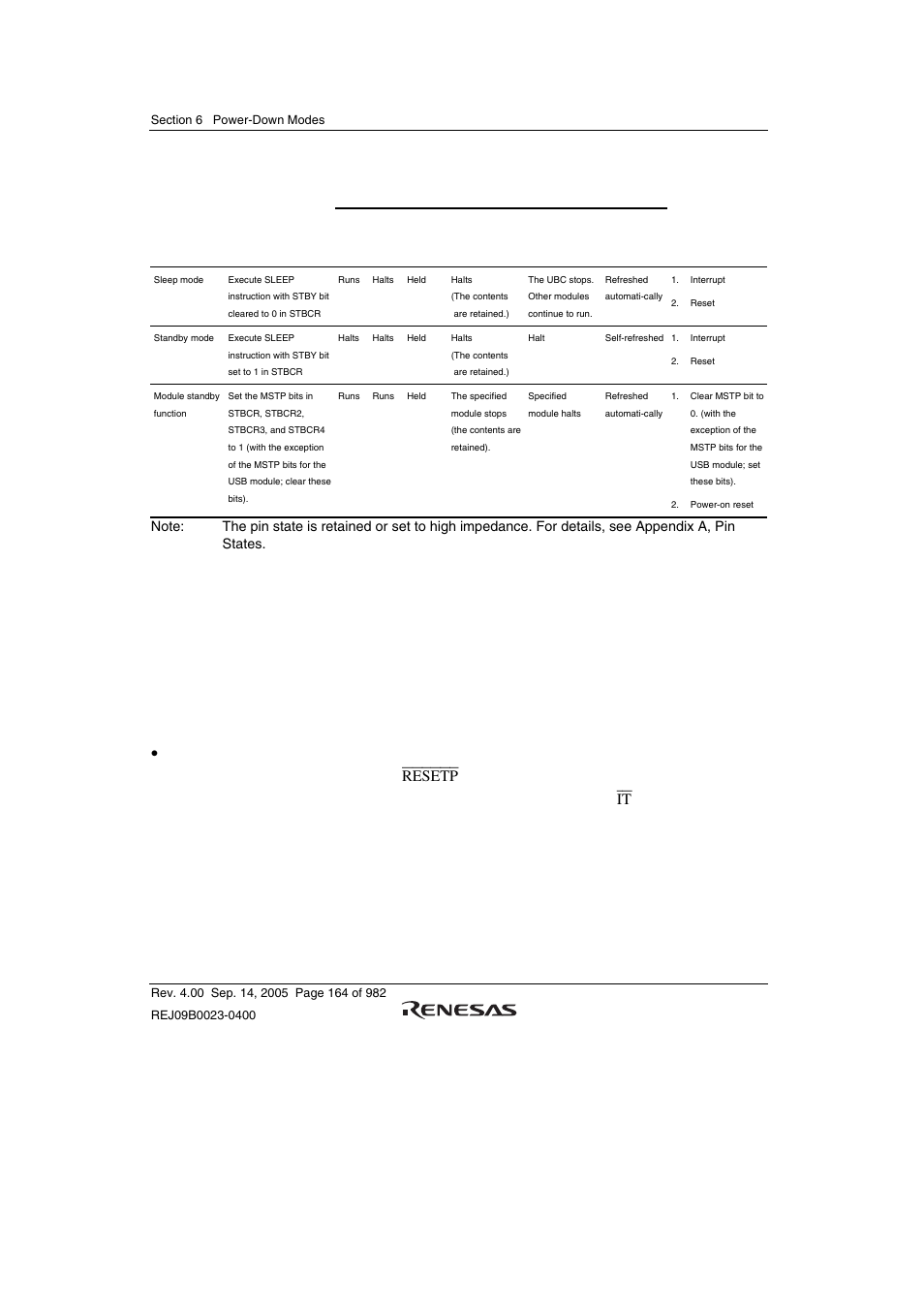 2 reset, Table 6.1 states of power-down modes | Renesas SH7641 User Manual | Page 214 / 1036