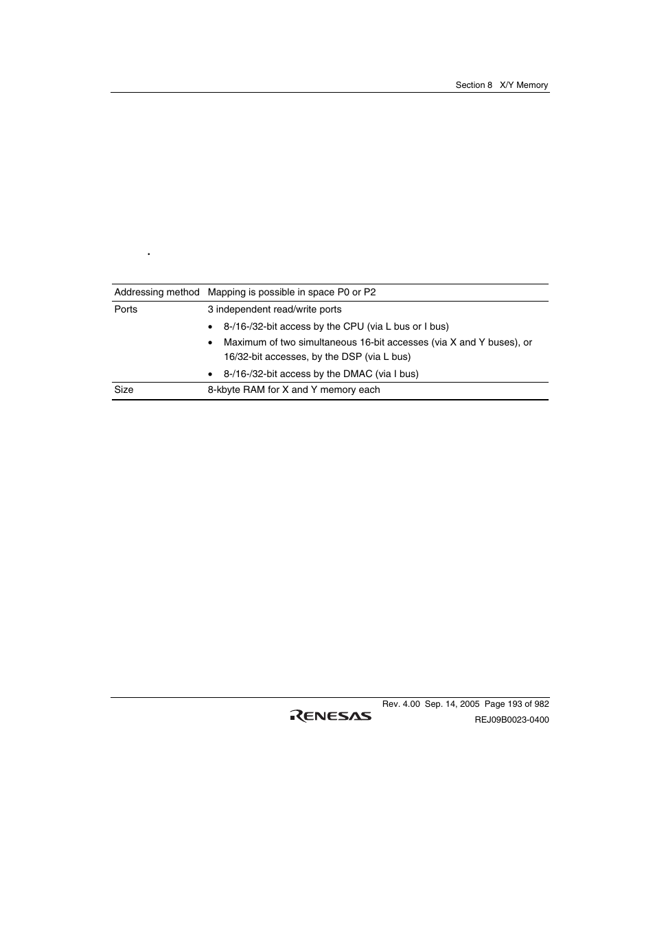 Section 8 x/y memory, 1 features | Renesas SH7641 User Manual | Page 243 / 1036