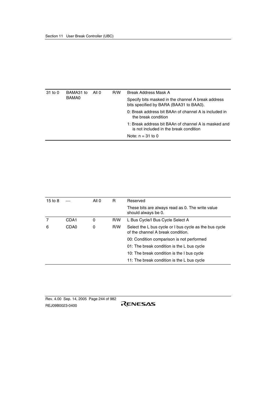 2 break address mask register a (bamra), 3 break bus cycle register a (bbra) | Renesas SH7641 User Manual | Page 294 / 1036