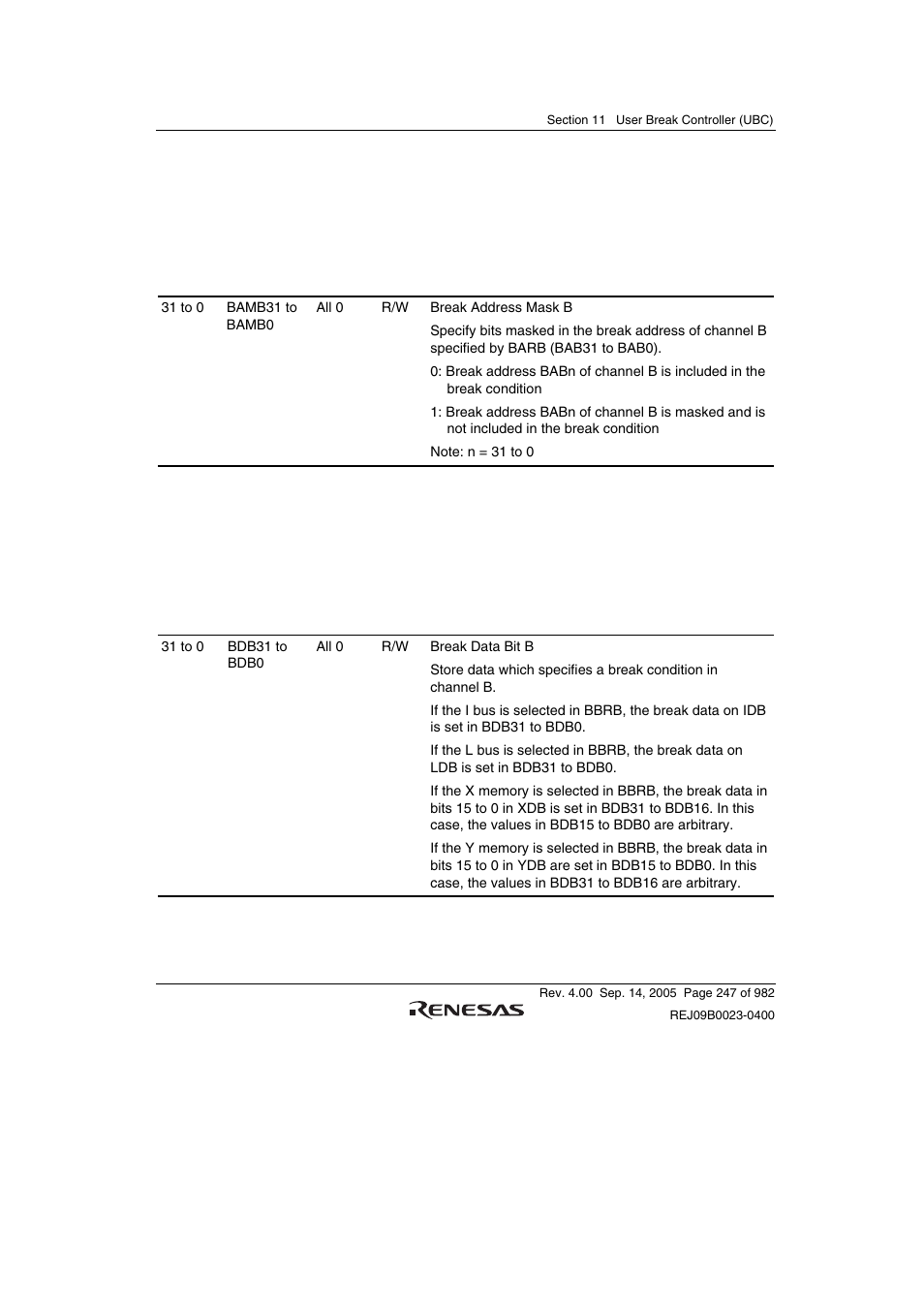 5 break address mask register b (bamrb), 6 break data register b (bdrb) | Renesas SH7641 User Manual | Page 297 / 1036