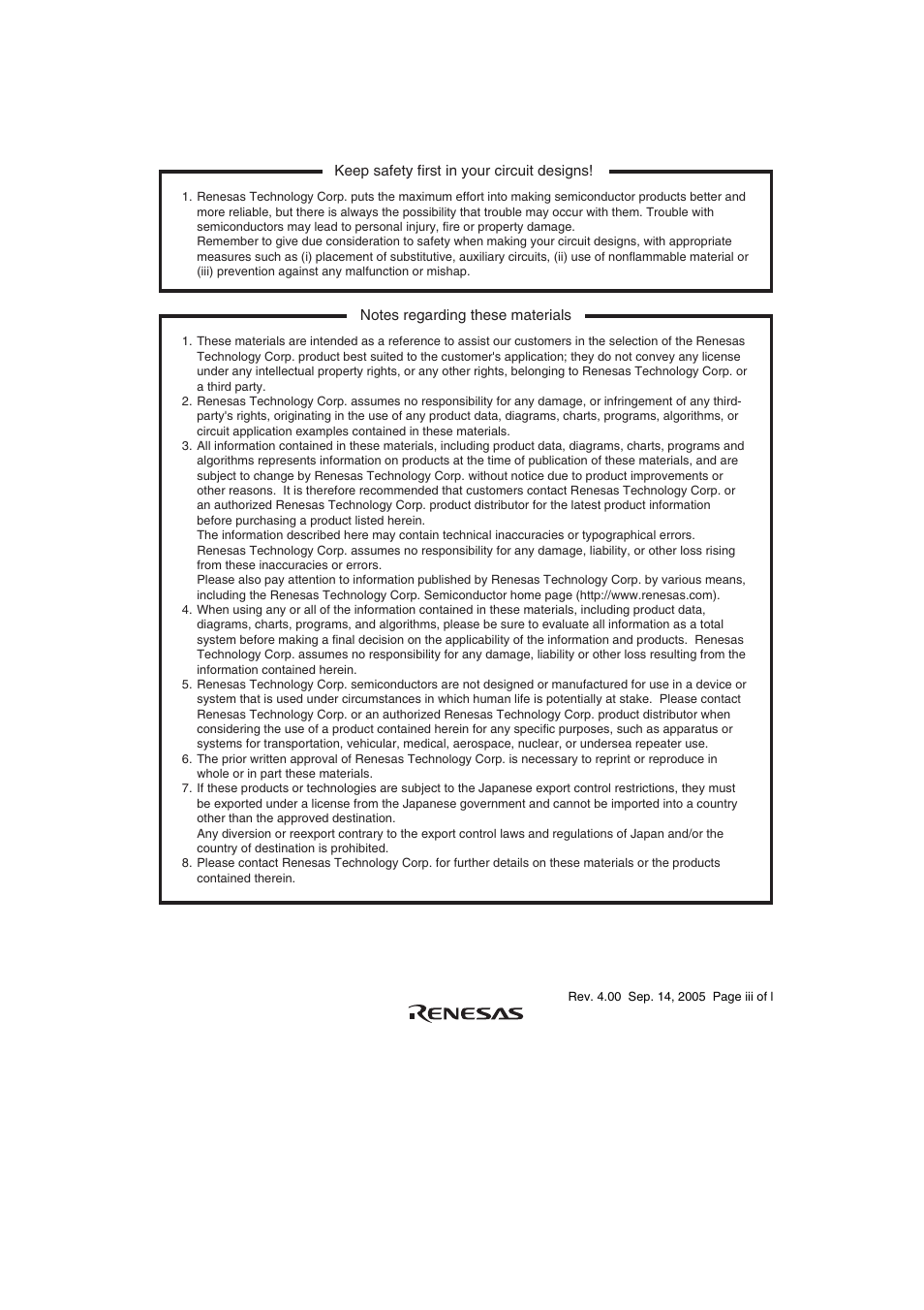 Keep safety first in your circuit designs, Notes regarding these materials | Renesas SH7641 User Manual | Page 3 / 1036