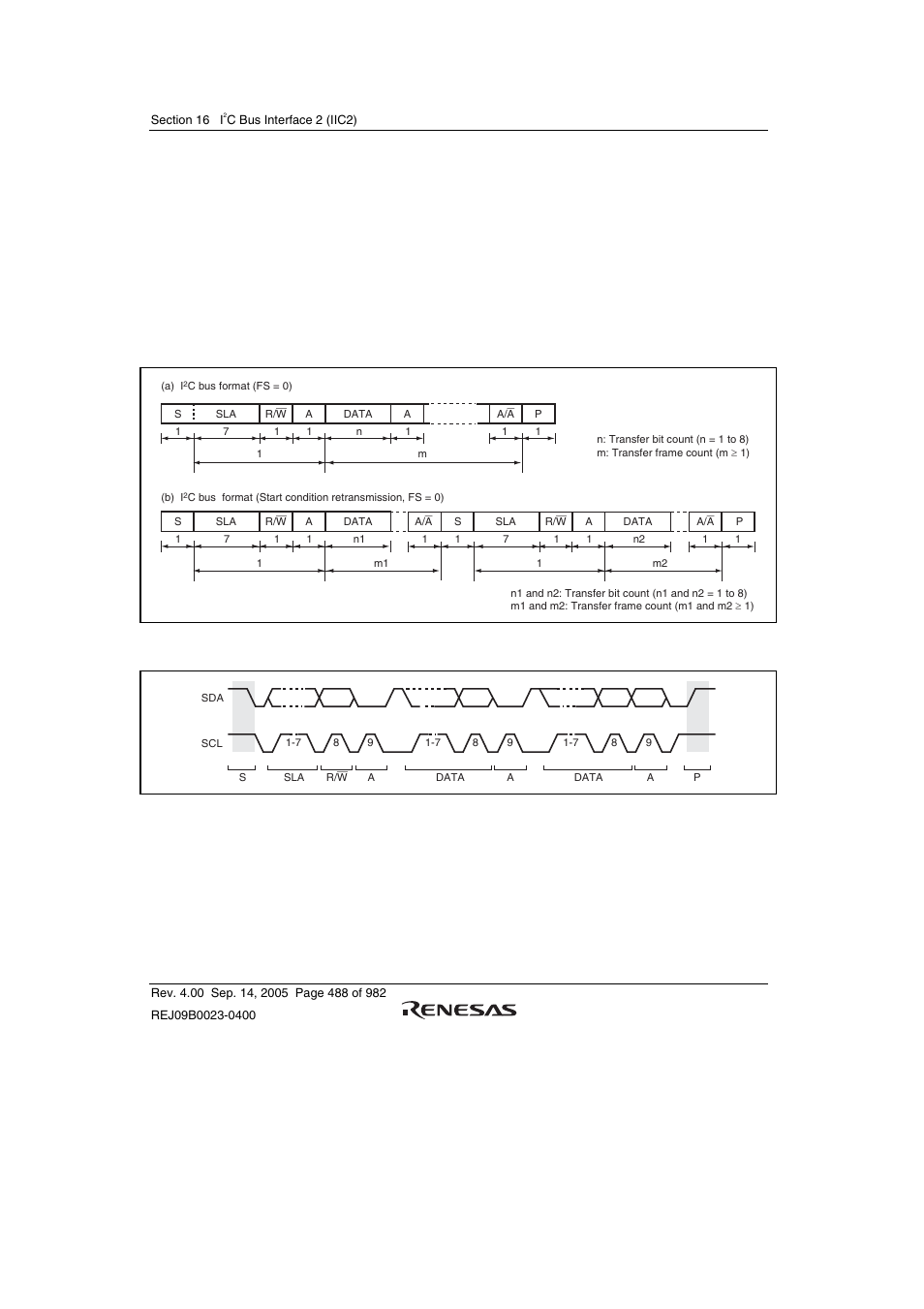 4 operation, 1 i2c bus format, The i | C bus interface can communicate either in i, C bus format figure 16.3 shows the i, C bus formats. figure 16.4 shows the i, Figure 16.3 i, C bus formats, Figure 16.4 i, C bus timing | Renesas SH7641 User Manual | Page 538 / 1036