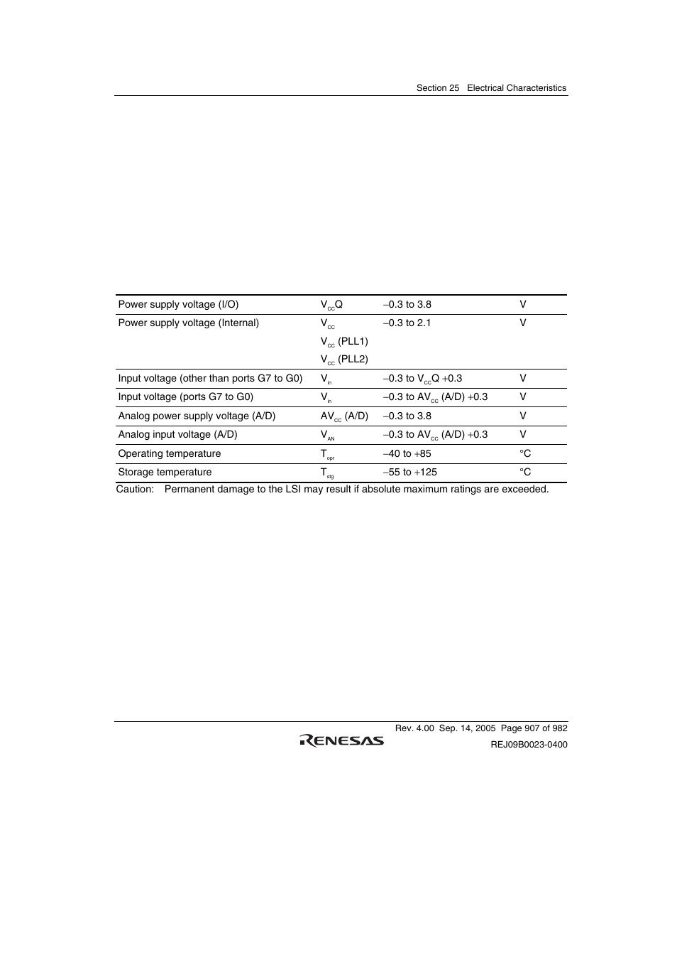 Section 25 electrical characteristics, 1 absolute maximum ratings | Renesas SH7641 User Manual | Page 957 / 1036