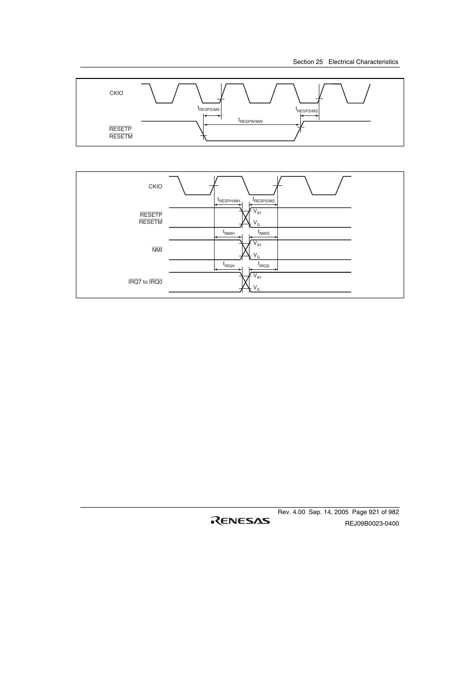 Figure 25.9 reset input timing, Figure 25.10 interrupt input timing | Renesas SH7641 User Manual | Page 971 / 1036