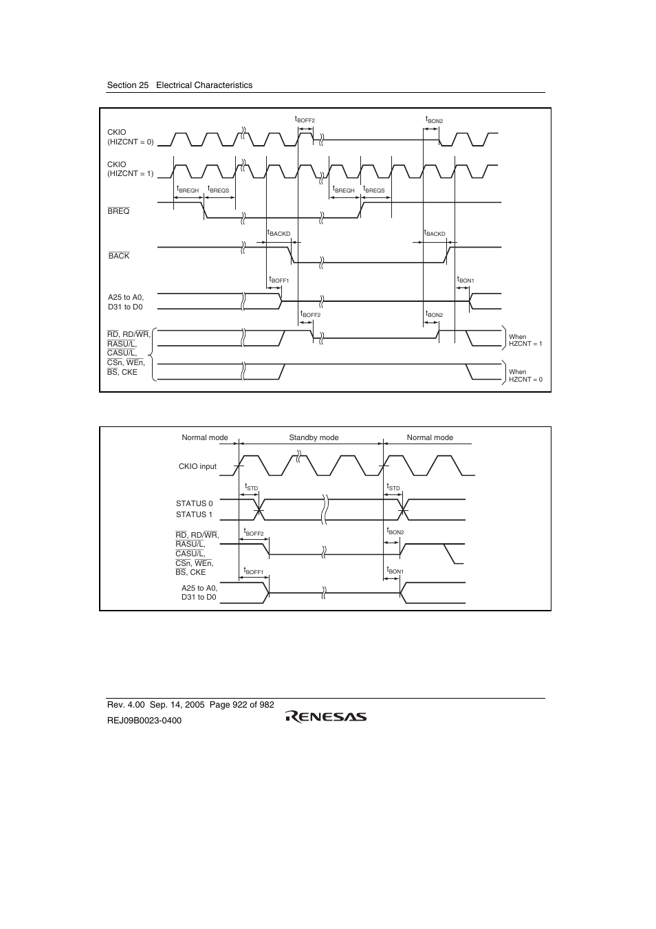 Figure 25.11 bus release timing, Figure 25.12 pin driving timing in standby mode | Renesas SH7641 User Manual | Page 972 / 1036