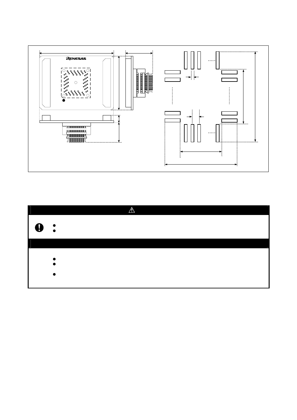 External dimensions and a sample foot pattern, Precautions, Caution | Important, Caution to be taken for this product | Renesas M3T-F160-64NSA User Manual | Page 5 / 6