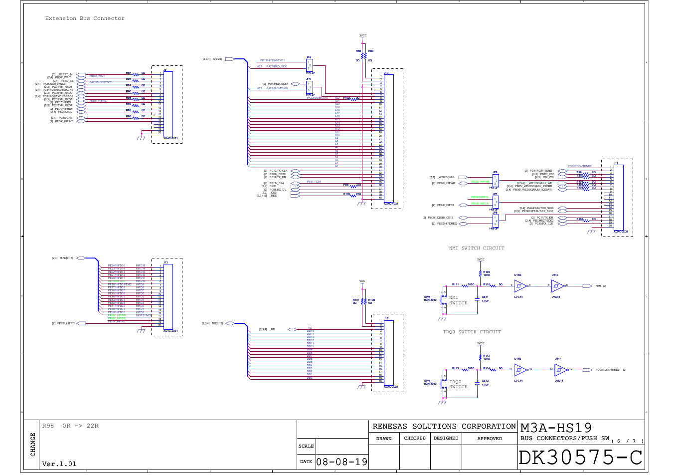 M3a-hs19, Renesas solutions corporation, Ver.1.01 | Change, Bus connectors/push sw, Extension bus connector, Date approved scale designed checked drawn | Renesas CPU Board M3A-HS19 User Manual | Page 68 / 74