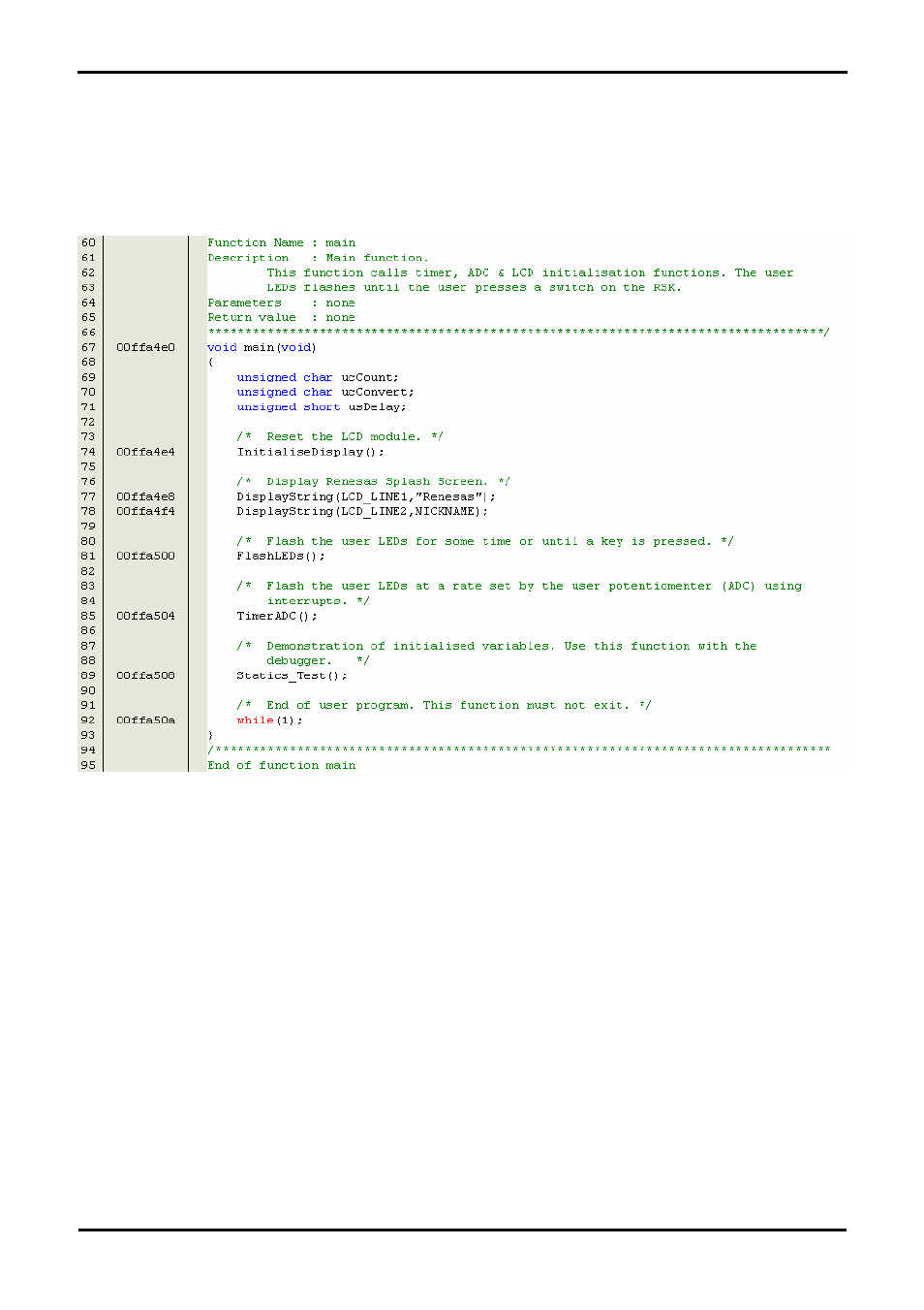 Main tutorial code (main.c / main.h) | Renesas H8S2215R User Manual | Page 25 / 28