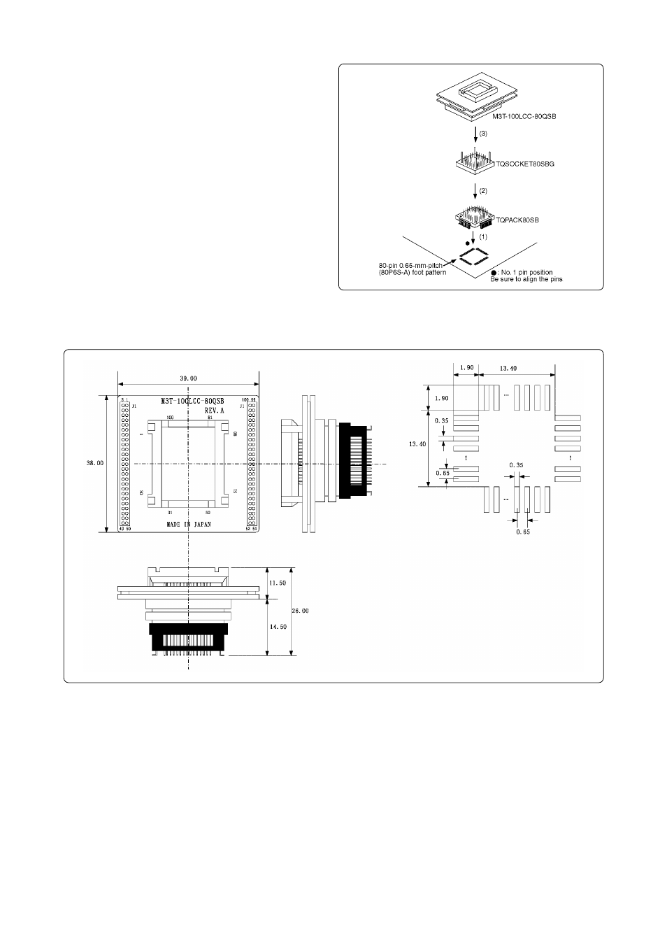 Connection procedure, External dimensions and a sample foot pattern | Renesas M3T-100LCC-80QSB User Manual | Page 3 / 4