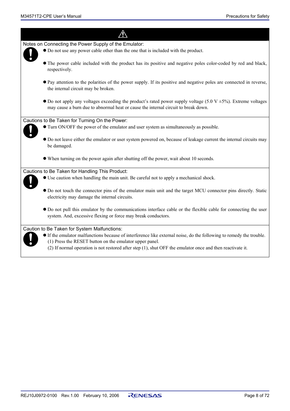 Caution | Renesas Compact Emulator M34571T2-CPE User Manual | Page 10 / 74