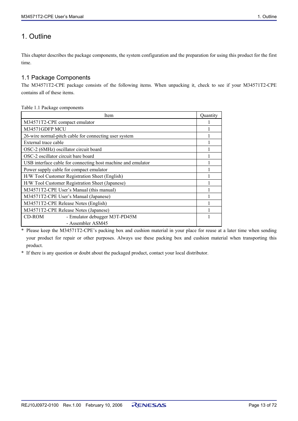 Outline, 1 package components | Renesas Compact Emulator M34571T2-CPE User Manual | Page 15 / 74