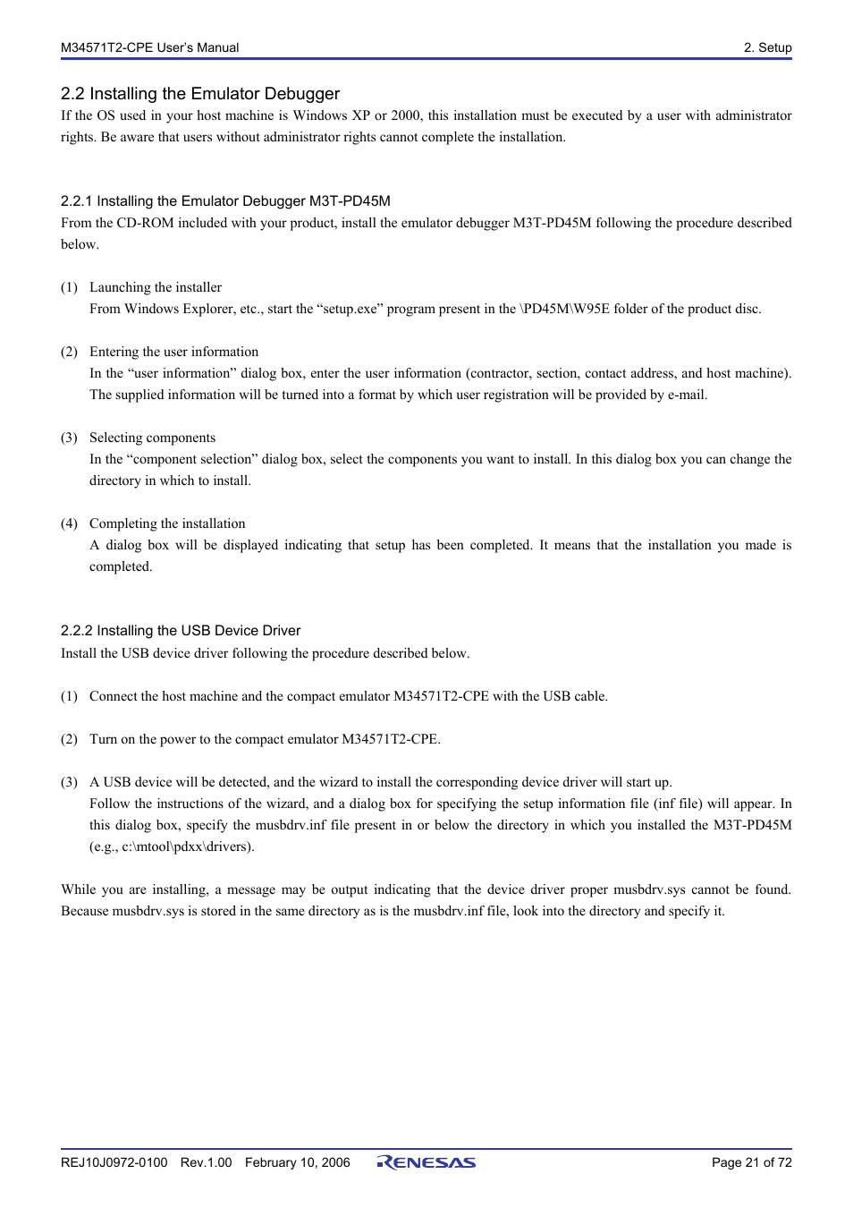 2 installing the emulator debugger, 1 installing the emulator debugger m3t-pd45m, 2 installing the usb device driver | Renesas Compact Emulator M34571T2-CPE User Manual | Page 23 / 74