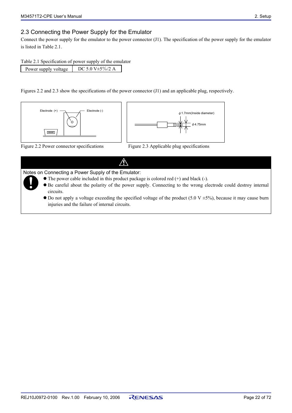 3 connecting the power supply for the emulator, Caution | Renesas Compact Emulator M34571T2-CPE User Manual | Page 24 / 74