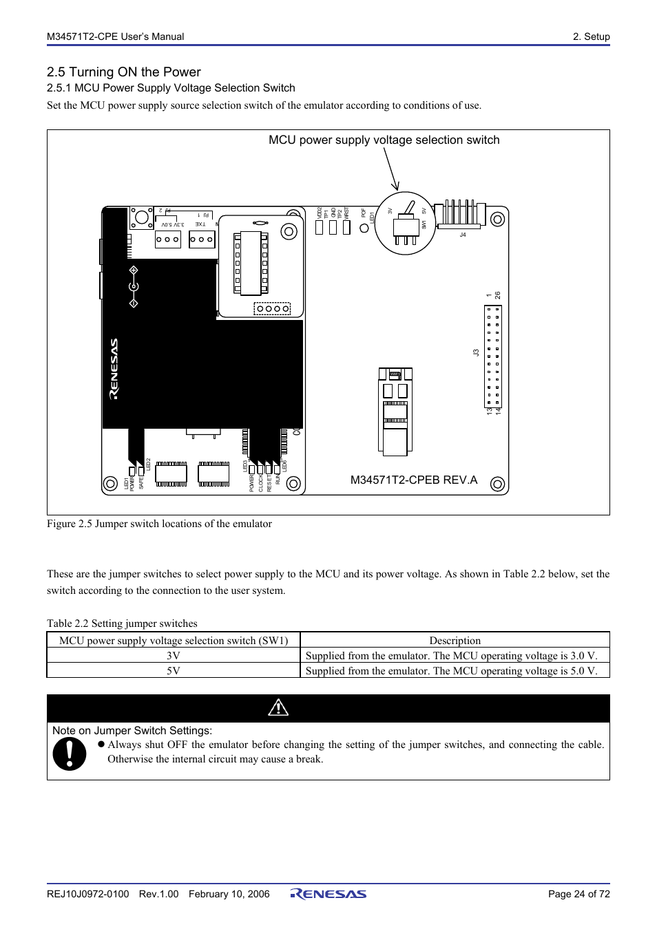 5 turning on the power, 1 mcu power supply voltage selection switch, Caution | Mcu power supply voltage selection switch | Renesas Compact Emulator M34571T2-CPE User Manual | Page 26 / 74