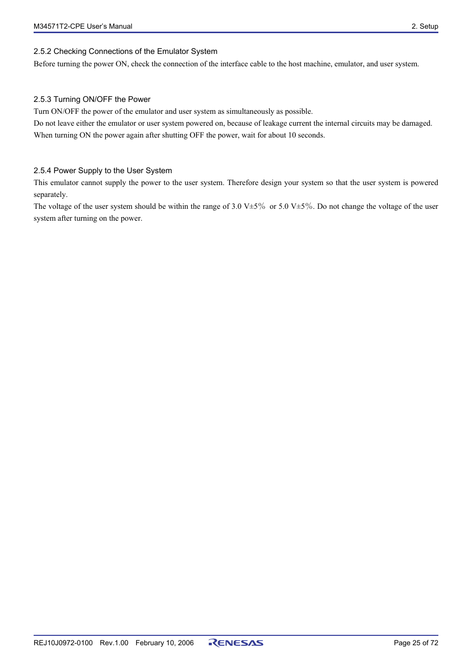 2 checking connections of the emulator system, 3 turning on/off the power, 4 power supply to the user system | Renesas Compact Emulator M34571T2-CPE User Manual | Page 27 / 74