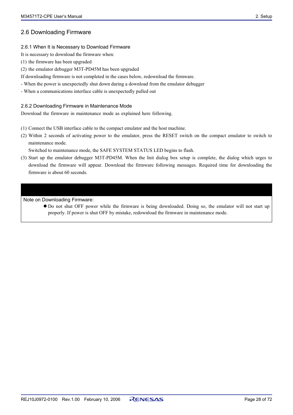6 downloading firmware, 1 when it is necessary to download firmware, 2 downloading firmware in maintenance mode | Important | Renesas Compact Emulator M34571T2-CPE User Manual | Page 30 / 74