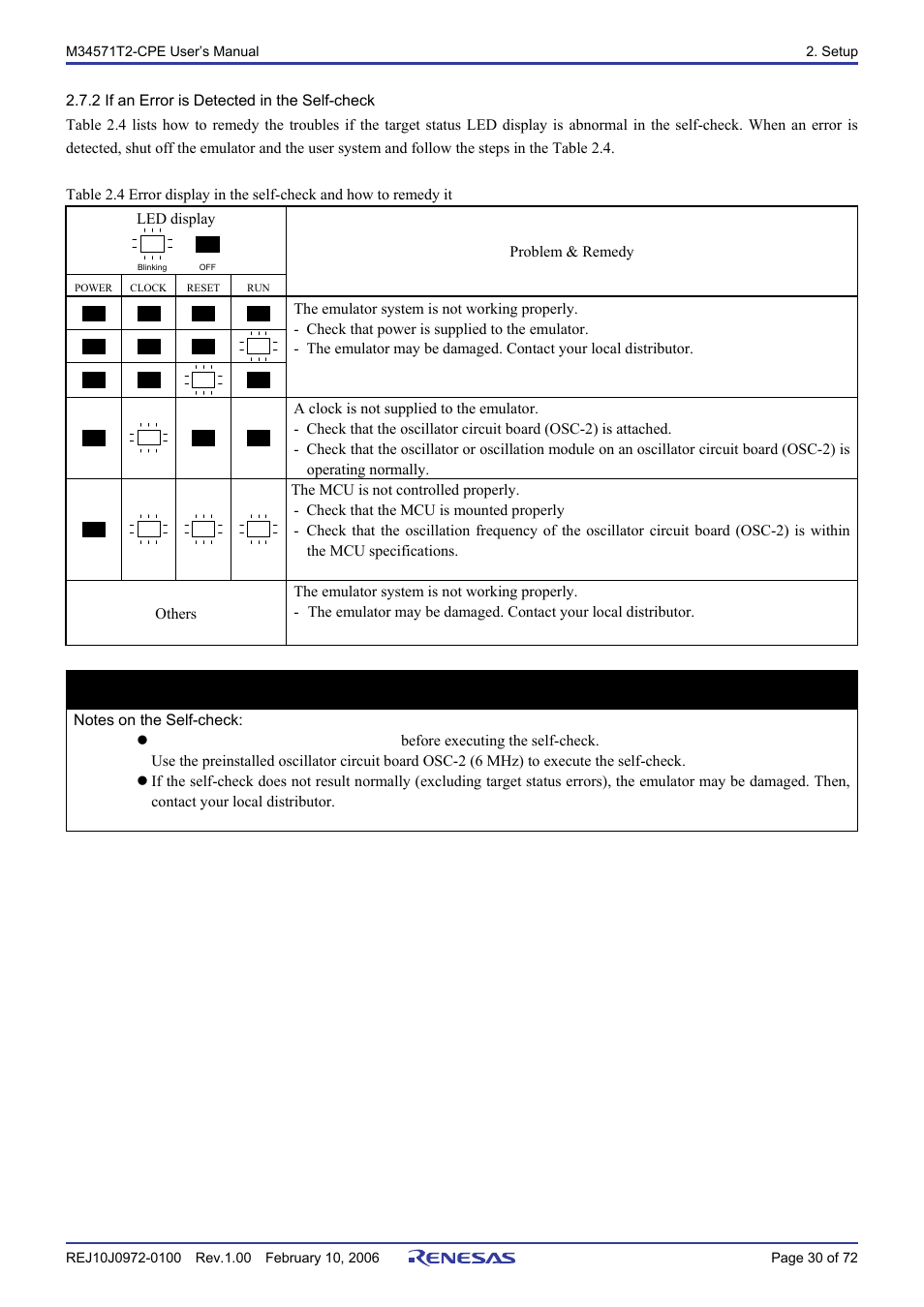 2 if an error is detected in the self-check, Important | Renesas Compact Emulator M34571T2-CPE User Manual | Page 32 / 74