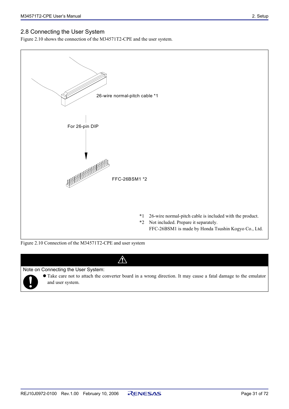 8 connecting the user system, Caution | Renesas Compact Emulator M34571T2-CPE User Manual | Page 33 / 74