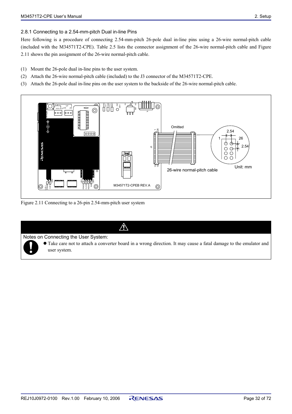 1 connecting to a 2.54-mm-pitch dual in-line pins, Caution, Unit: mm | Wire normal-pitch cable | Renesas Compact Emulator M34571T2-CPE User Manual | Page 34 / 74