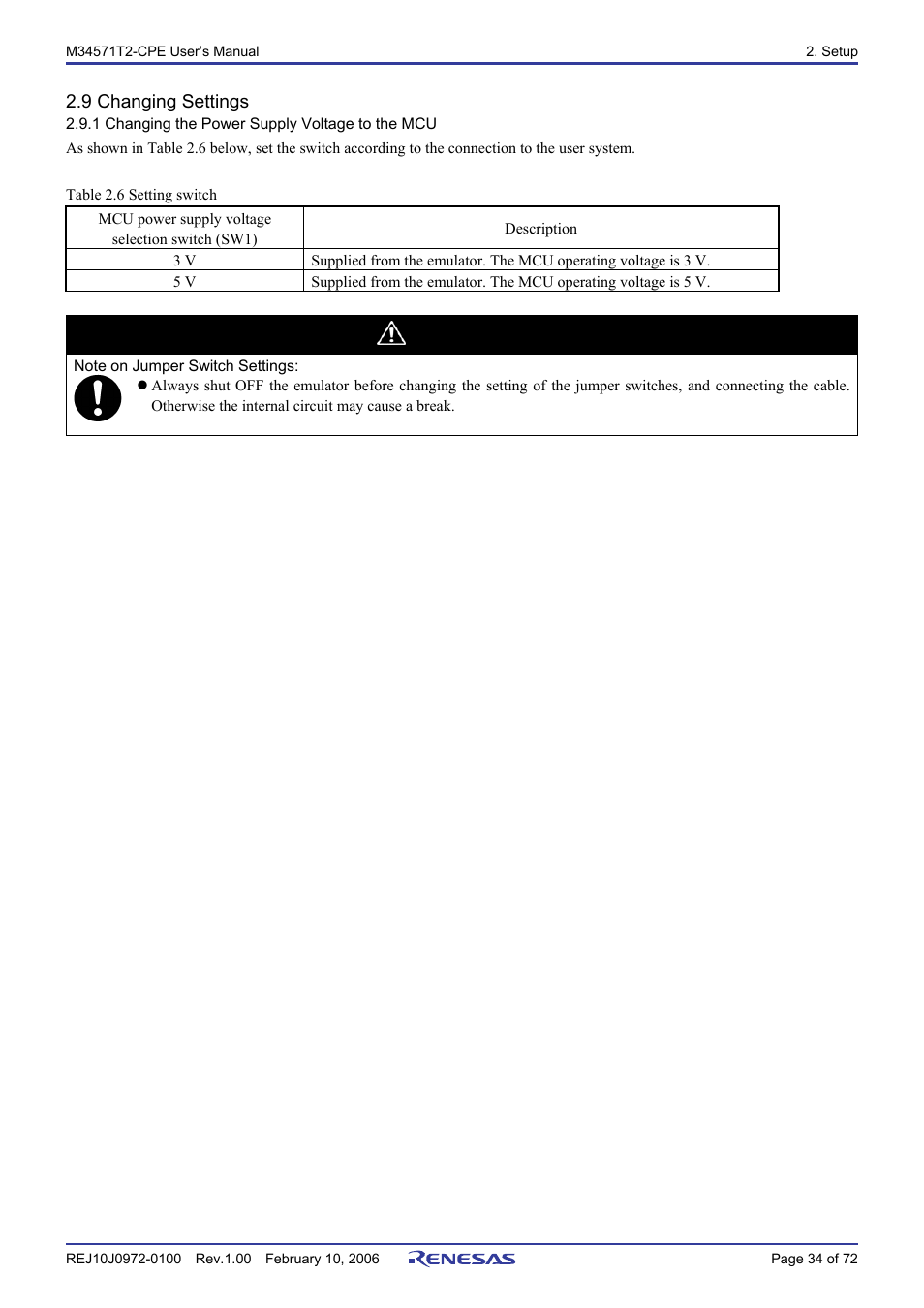 9 changing settings, 1 changing the power supply voltage to the mcu, Caution | Renesas Compact Emulator M34571T2-CPE User Manual | Page 36 / 74