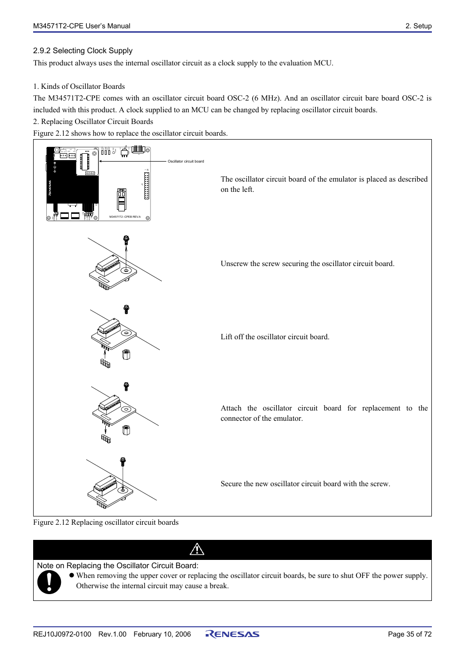 2 selecting clock supply, Caution, Lift off the oscillator circuit board | Renesas Compact Emulator M34571T2-CPE User Manual | Page 37 / 74