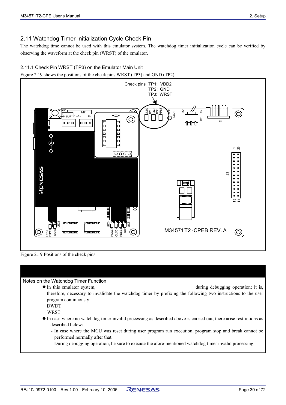 11 watchdog timer initialization cycle check pin, 1 check pin wrst (tp3) on the emulator main unit, Important | Renesas Compact Emulator M34571T2-CPE User Manual | Page 41 / 74