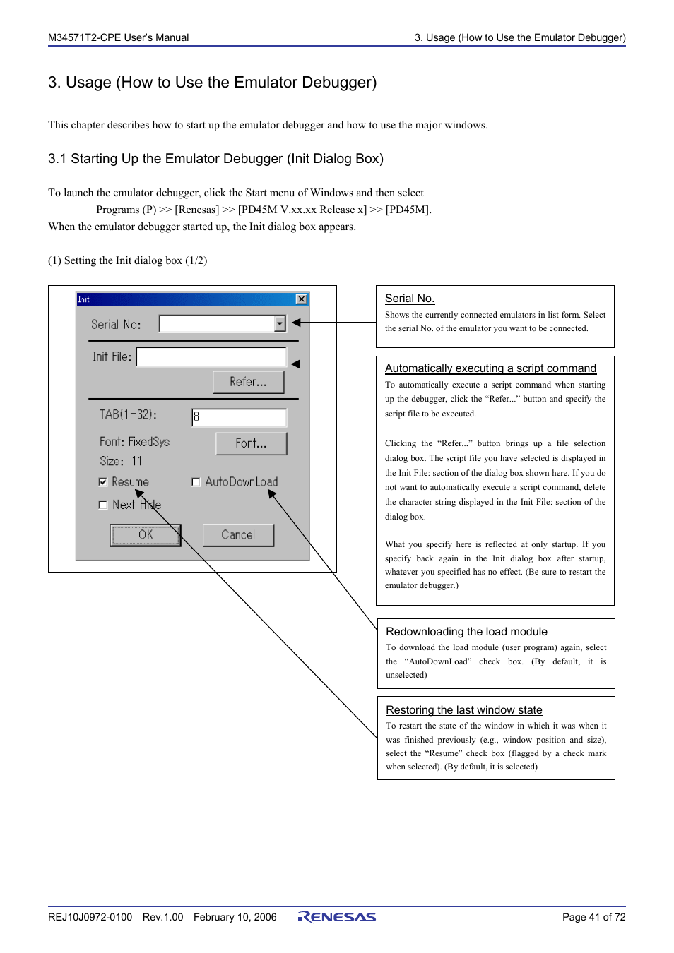 Usage (how to use the emulator debugger) | Renesas Compact Emulator M34571T2-CPE User Manual | Page 43 / 74