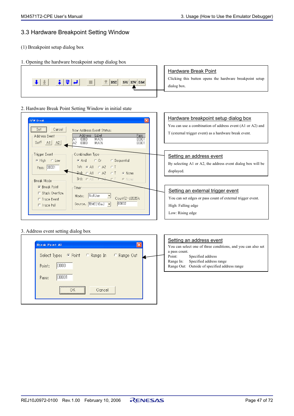 3 hardware breakpoint setting window | Renesas Compact Emulator M34571T2-CPE User Manual | Page 49 / 74