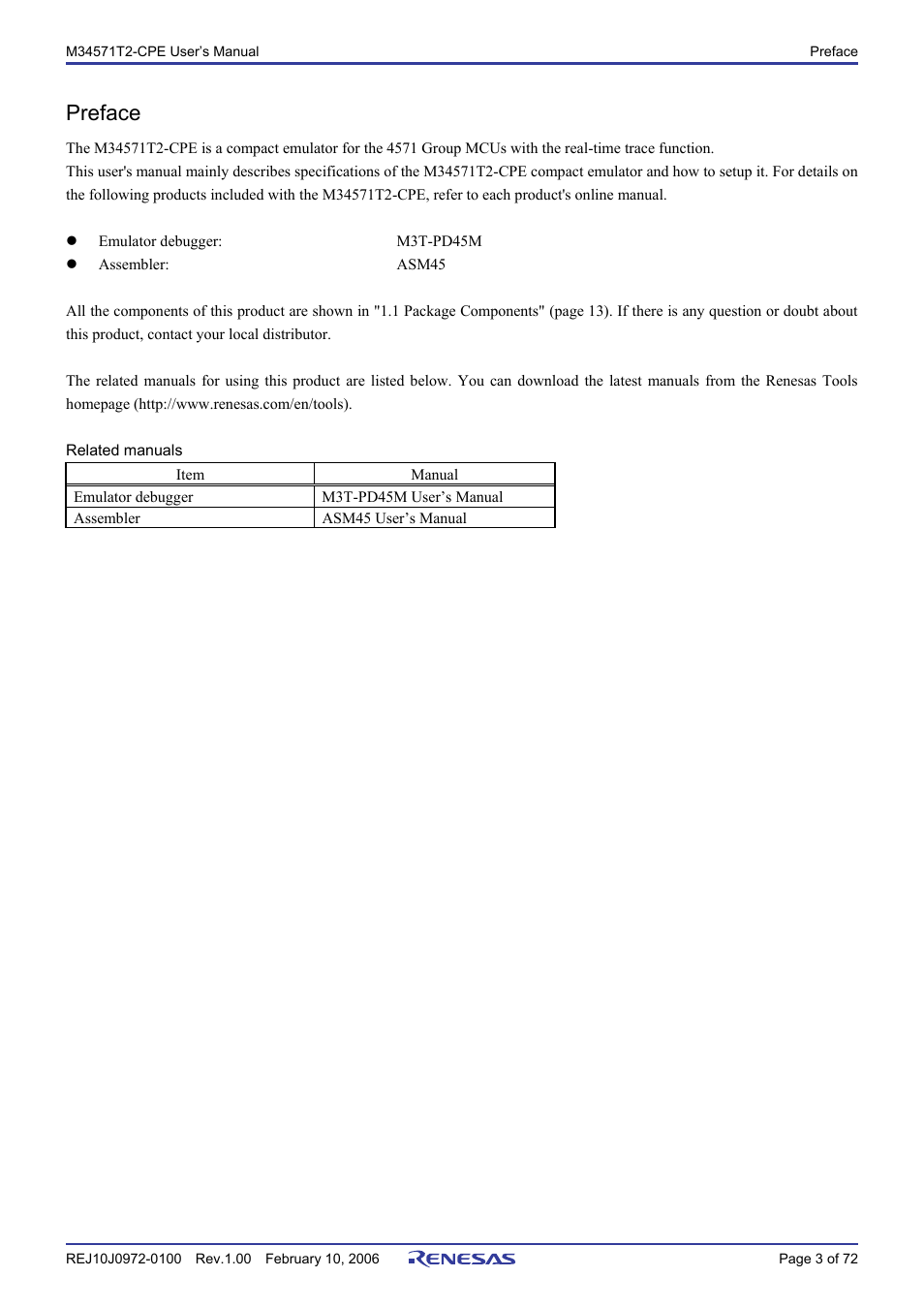 Preface | Renesas Compact Emulator M34571T2-CPE User Manual | Page 5 / 74