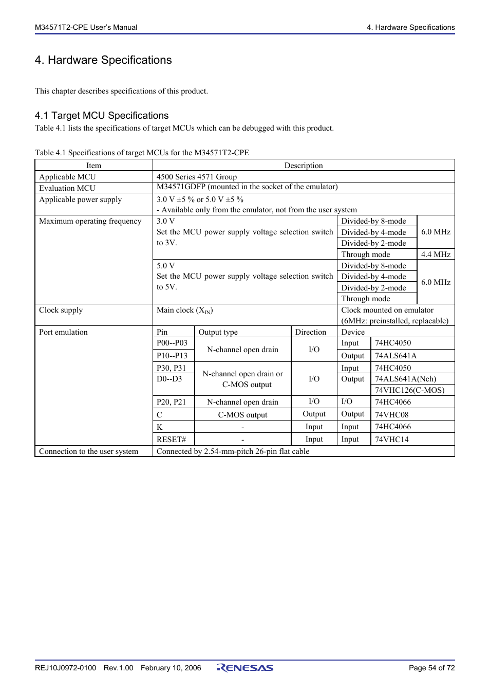 Hardware specifications, 1 target mcu specifications | Renesas Compact Emulator M34571T2-CPE User Manual | Page 56 / 74