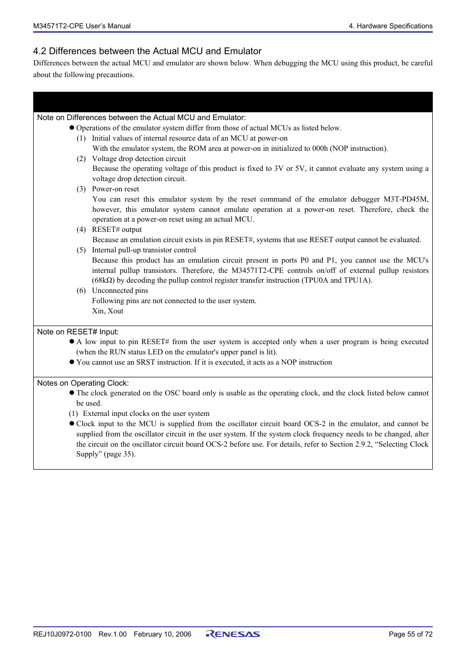 2 differences between the actual mcu and emulator, Important | Renesas Compact Emulator M34571T2-CPE User Manual | Page 57 / 74