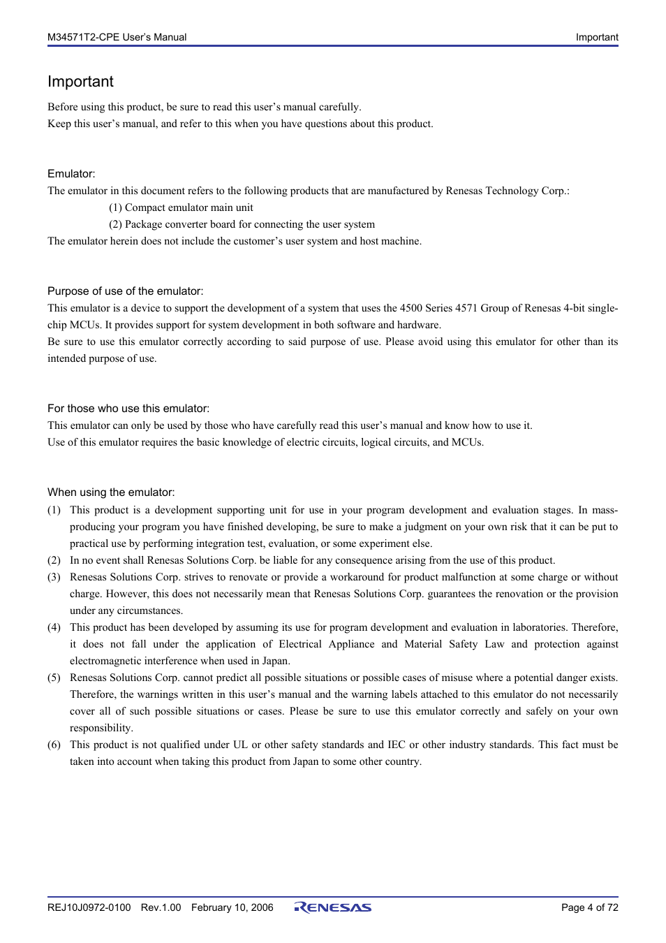 Important | Renesas Compact Emulator M34571T2-CPE User Manual | Page 6 / 74