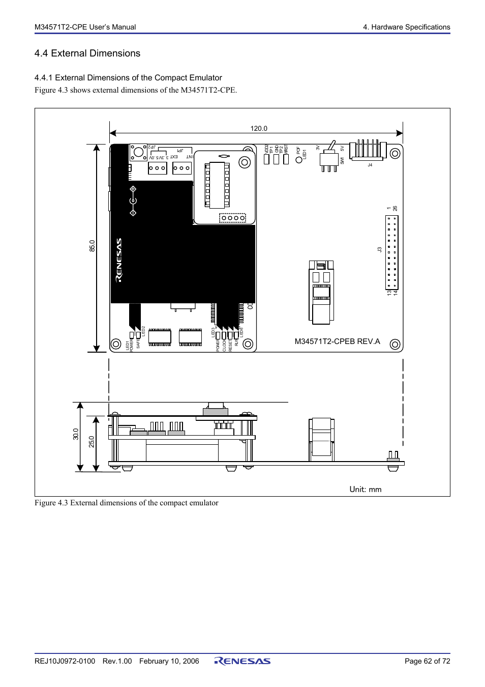 4 external dimensions, 1 external dimensions of the compact emulator, Unit: mm | Renesas Compact Emulator M34571T2-CPE User Manual | Page 64 / 74