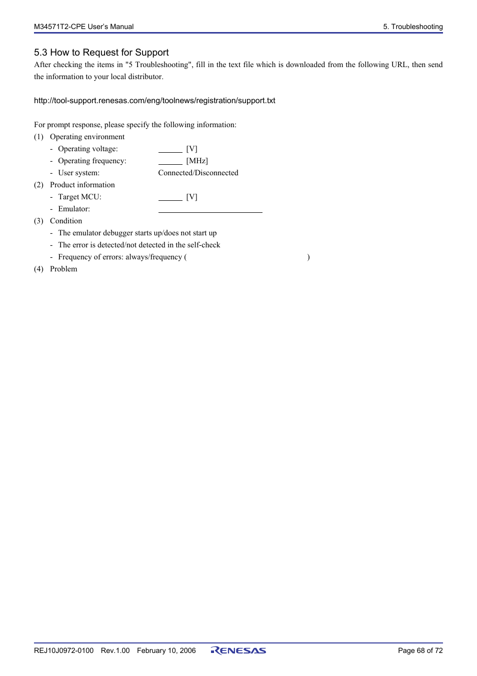 3 how to request for support | Renesas Compact Emulator M34571T2-CPE User Manual | Page 70 / 74