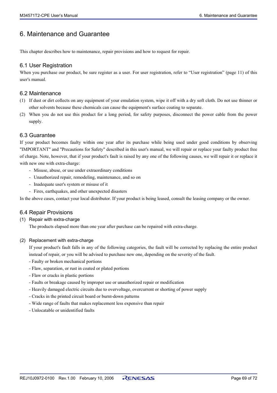 Maintenance and guarantee, 1 user registration, 2 maintenance | 3 guarantee, 4 repair provisions | Renesas Compact Emulator M34571T2-CPE User Manual | Page 71 / 74