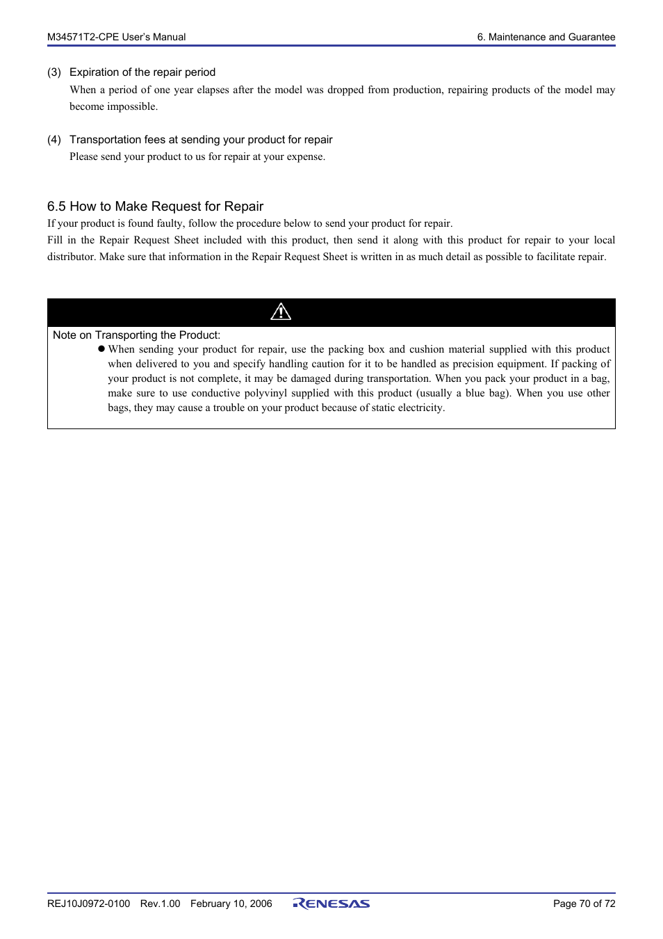 5 how to make request for repair, Caution | Renesas Compact Emulator M34571T2-CPE User Manual | Page 72 / 74