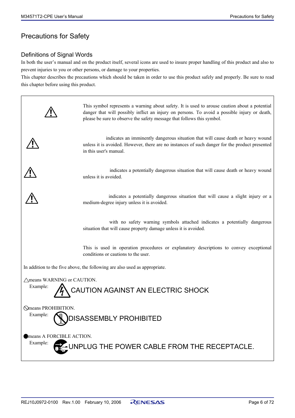 Precautions for safety, Danger, Warning | Caution, Important, Caution against an electric shock, Disassembly prohibited, Unplug the power cable from the receptacle | Renesas Compact Emulator M34571T2-CPE User Manual | Page 8 / 74