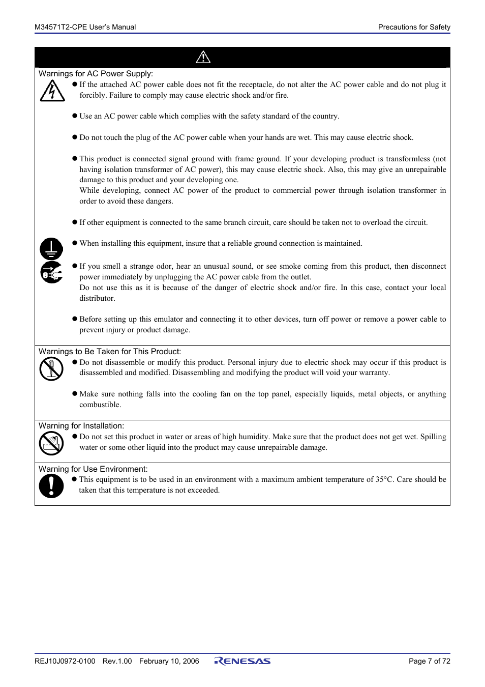 Warning | Renesas Compact Emulator M34571T2-CPE User Manual | Page 9 / 74