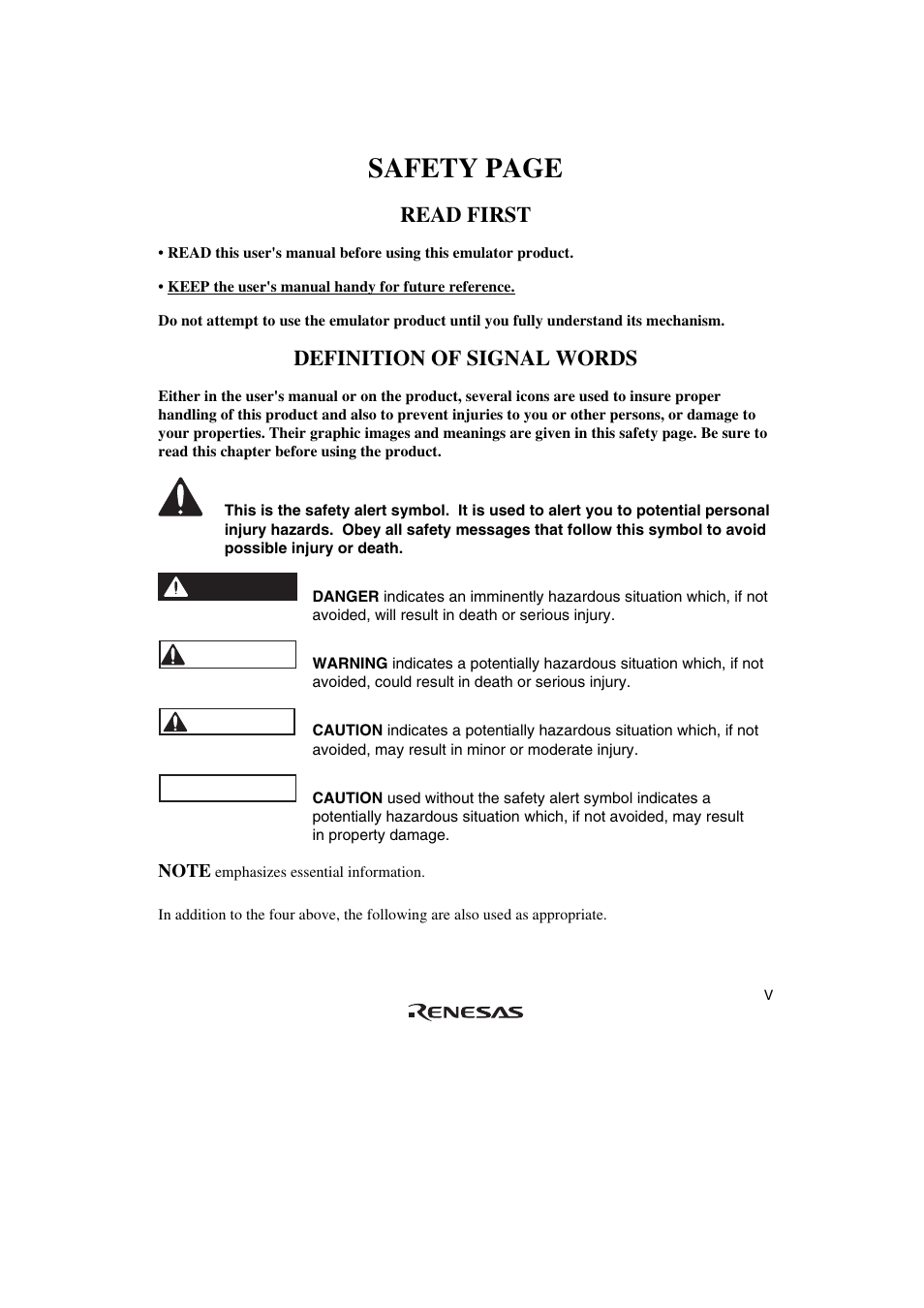 Safety page, Read first, Definition of signal words | Warning, Danger, Caution | Renesas SH7147 User Manual | Page 11 / 48