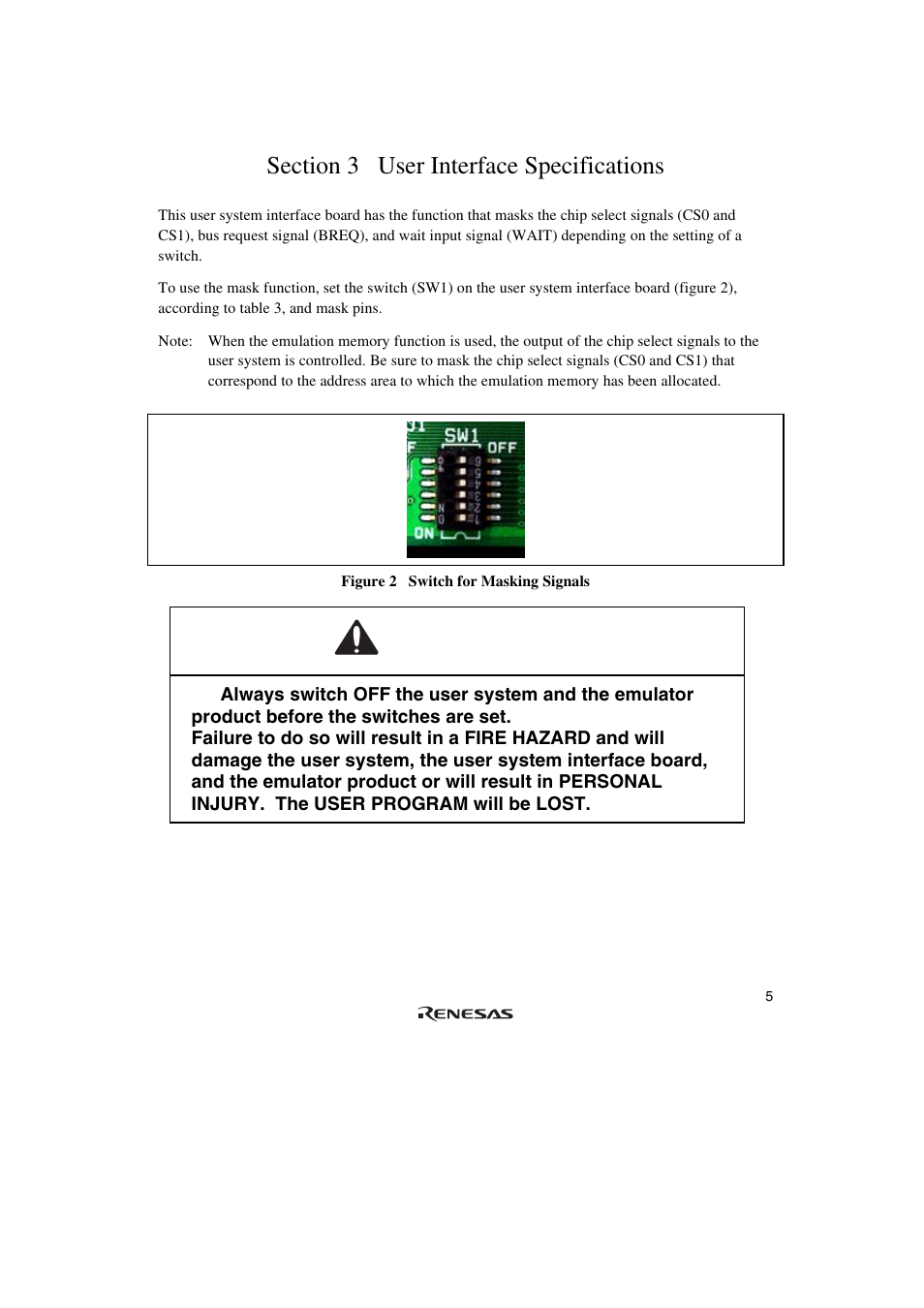 Section 3 user interface specifications, Warning | Renesas SH7147 User Manual | Page 25 / 48