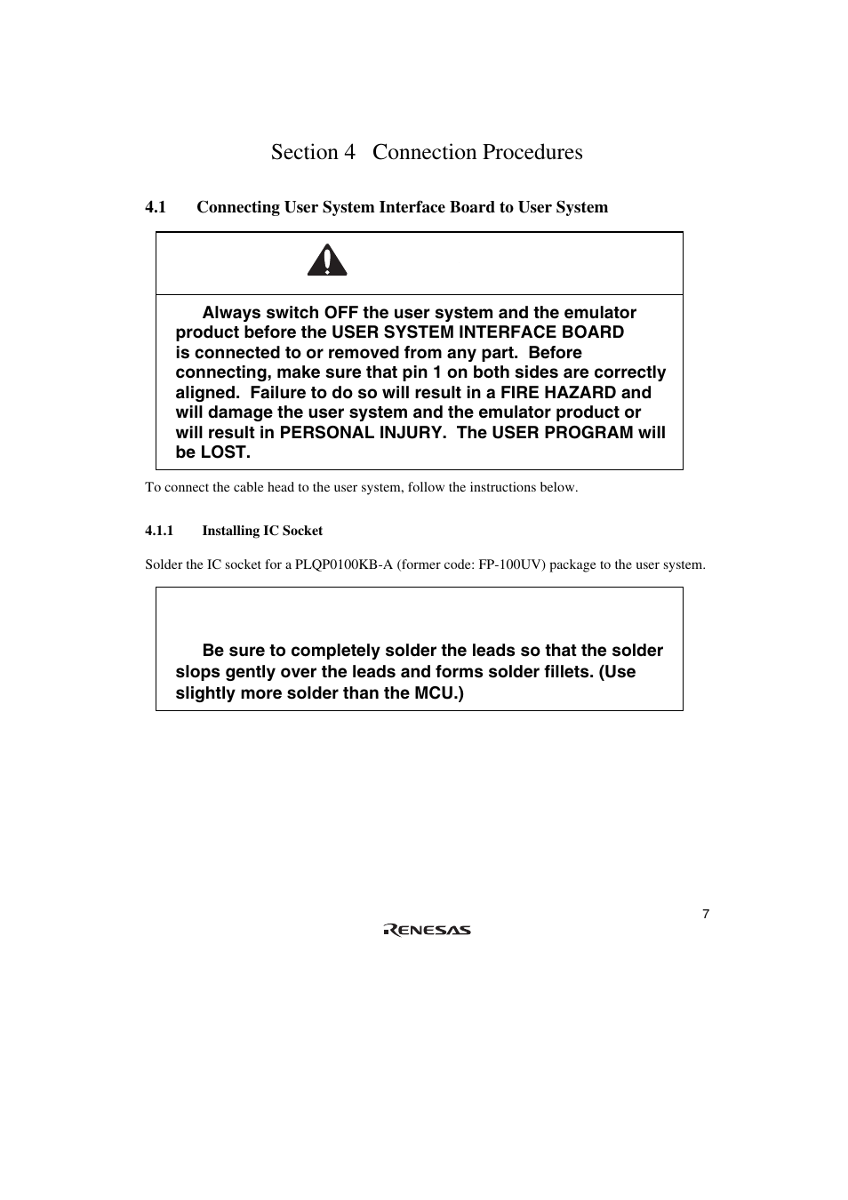 Section 4 connection procedures, 1 installing ic socket, Warning | Caution | Renesas SH7147 User Manual | Page 27 / 48