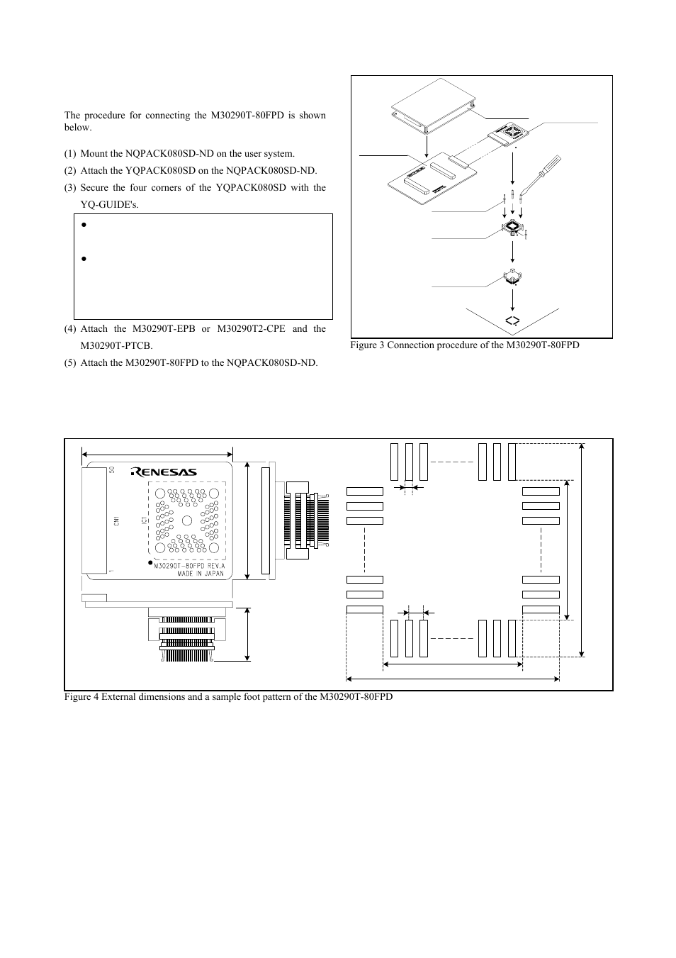 Connection procedure, External dimensions and a sample foot pattern, Connection procedure (see figure 3) | Renesas Converter Board M30290T-80FPD User Manual | Page 3 / 4