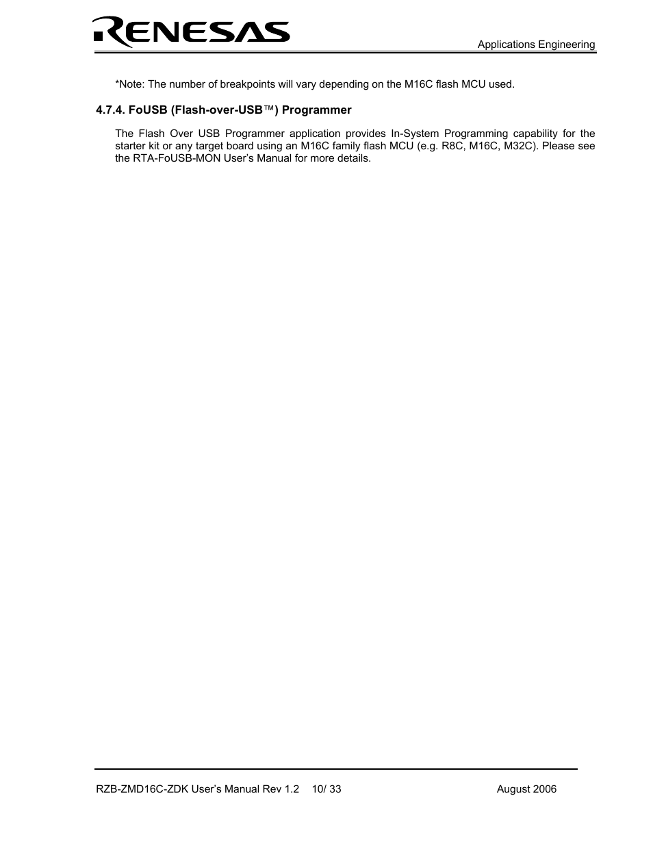 Fousb \(flash-over-usb™\) programmer, Fousb (flash-over-usb™) programmer | Renesas RZB-ZMD16C-ZDK User Manual | Page 10 / 33