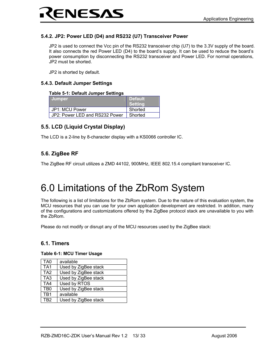 Default jumper settings, Lcd (liquid crystal display), Zigbee rf | Limitations of the zbrom system, Timers, 0 limitations of the zbrom system | Renesas RZB-ZMD16C-ZDK User Manual | Page 13 / 33