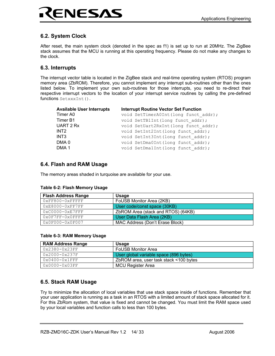 System clock, Interrupts, Flash and ram usage | Stack ram usage | Renesas RZB-ZMD16C-ZDK User Manual | Page 14 / 33