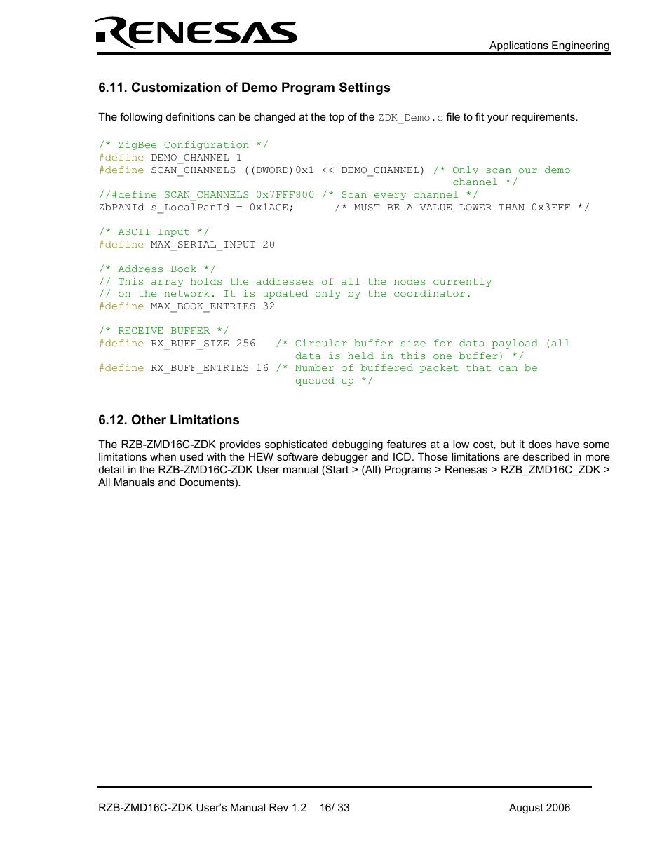 Customization of demo program settings, Other limitations | Renesas RZB-ZMD16C-ZDK User Manual | Page 16 / 33