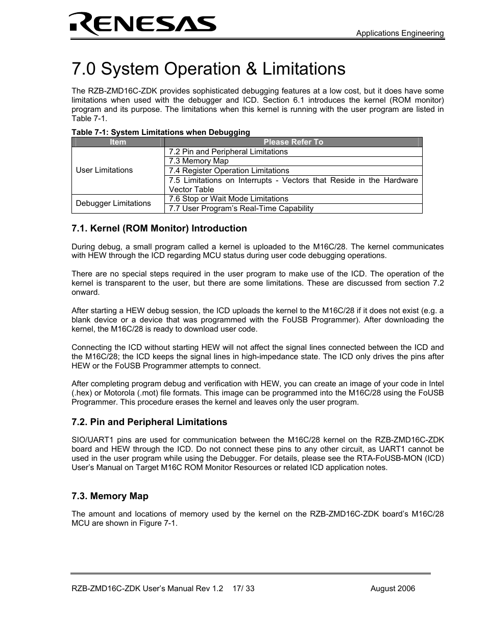 System operation & limitations, Kernel (rom monitor) introduction, Pin and peripheral limitations | Memory map, 0 system operation & limitations | Renesas RZB-ZMD16C-ZDK User Manual | Page 17 / 33