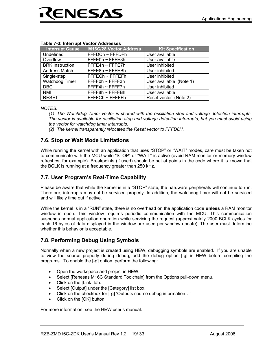 Stop or wait mode limitations, User program’s real-time capability, Performing debug using symbols | Figure 7-1 | Renesas RZB-ZMD16C-ZDK User Manual | Page 19 / 33