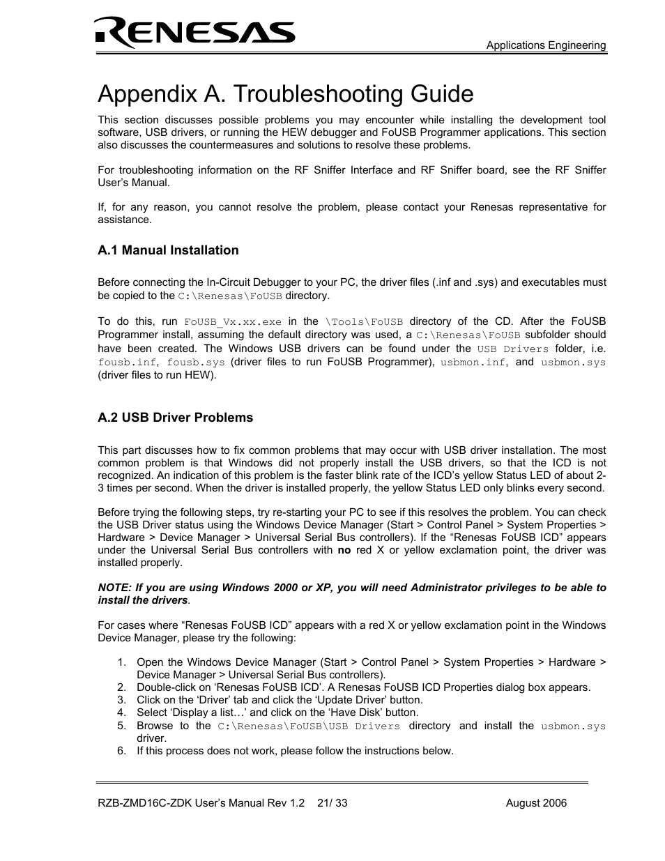 Troubleshooting guide, Manual installation, Usb driver problems | Appendix a. troubleshooting guide, A.1 manual installation, A.2 usb driver problems | Renesas RZB-ZMD16C-ZDK User Manual | Page 21 / 33